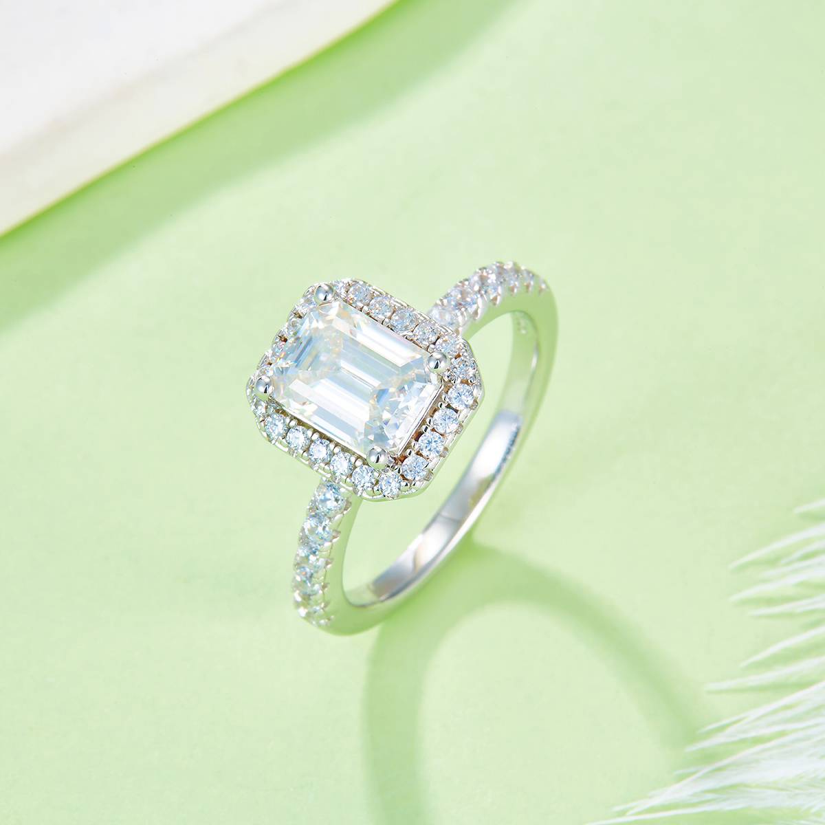 Light luxury rectangular S925 silver plated white gold moissanite diamond women's ring 2.0 carats D-grade
